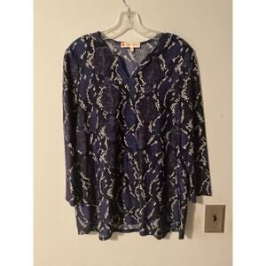 Jude Connally Navy Blue Printed Tunic Top Women’s XL V-Neck 3/4 Sleeve Stretch